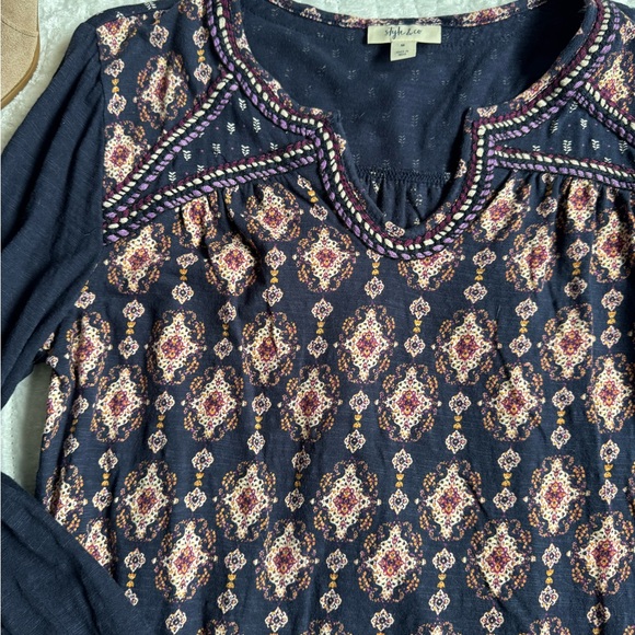 VGUC!💕Boho Navy Printed Long-Sleeve Women's Top - Picture 4 of 9